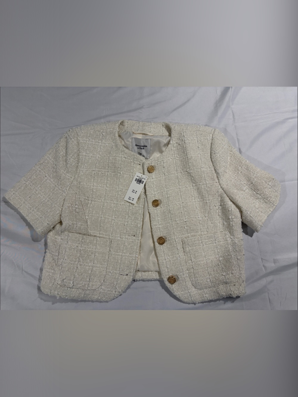 Abercrombie & Fitch Cream Tweed Short-Sleeve Blazer with Gold Buttons